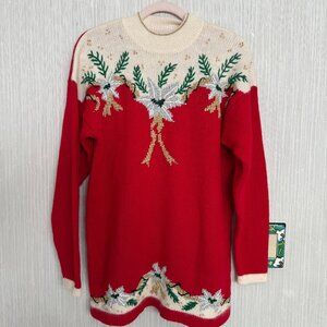 Silver Poinsettia Red Sweater L